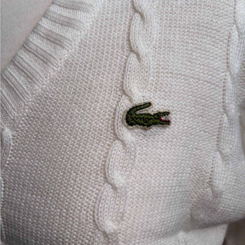 Vintage Lacoste Unisex V-Neck Cable Knit Sweater - Cream - Picture 3 of 5